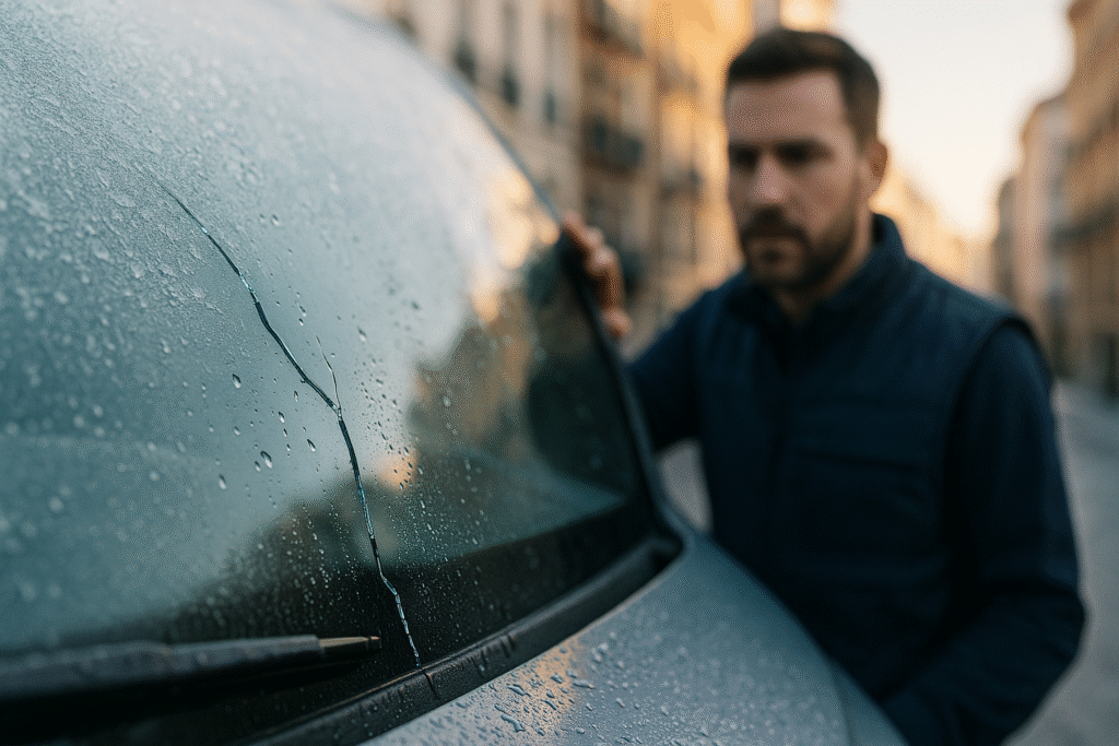 Parabrisas con escarcha y grieta desde el borde; cambiar luna coche en Madrid, técnico revisa el daño al amanecer.