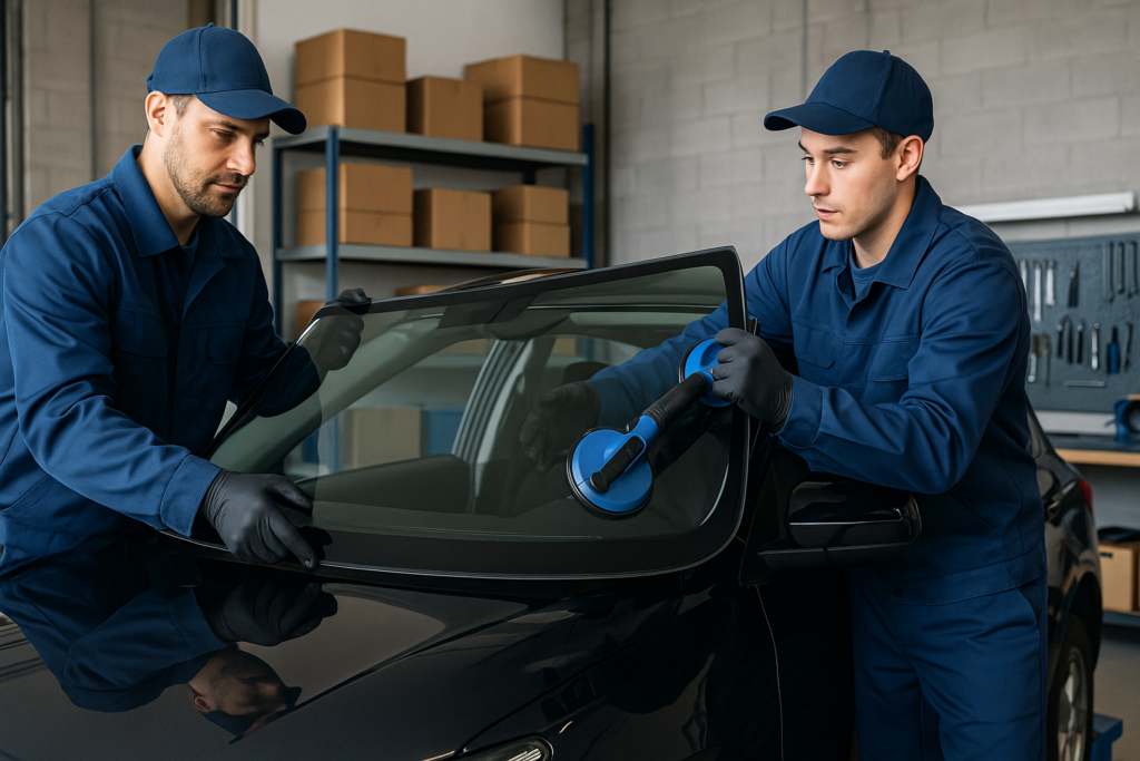 Cambio lunas Carabanchel en taller: dos técnicos retiran parabrisas con ventosas en coche elevado, luz natural y herramientas