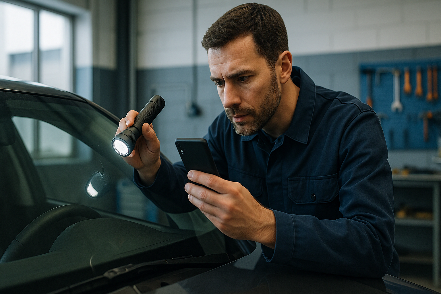 Técnico en taller para revisar lunas del coche con linterna LED, fotografiando un impacto en el parabrisas tras vacaciones