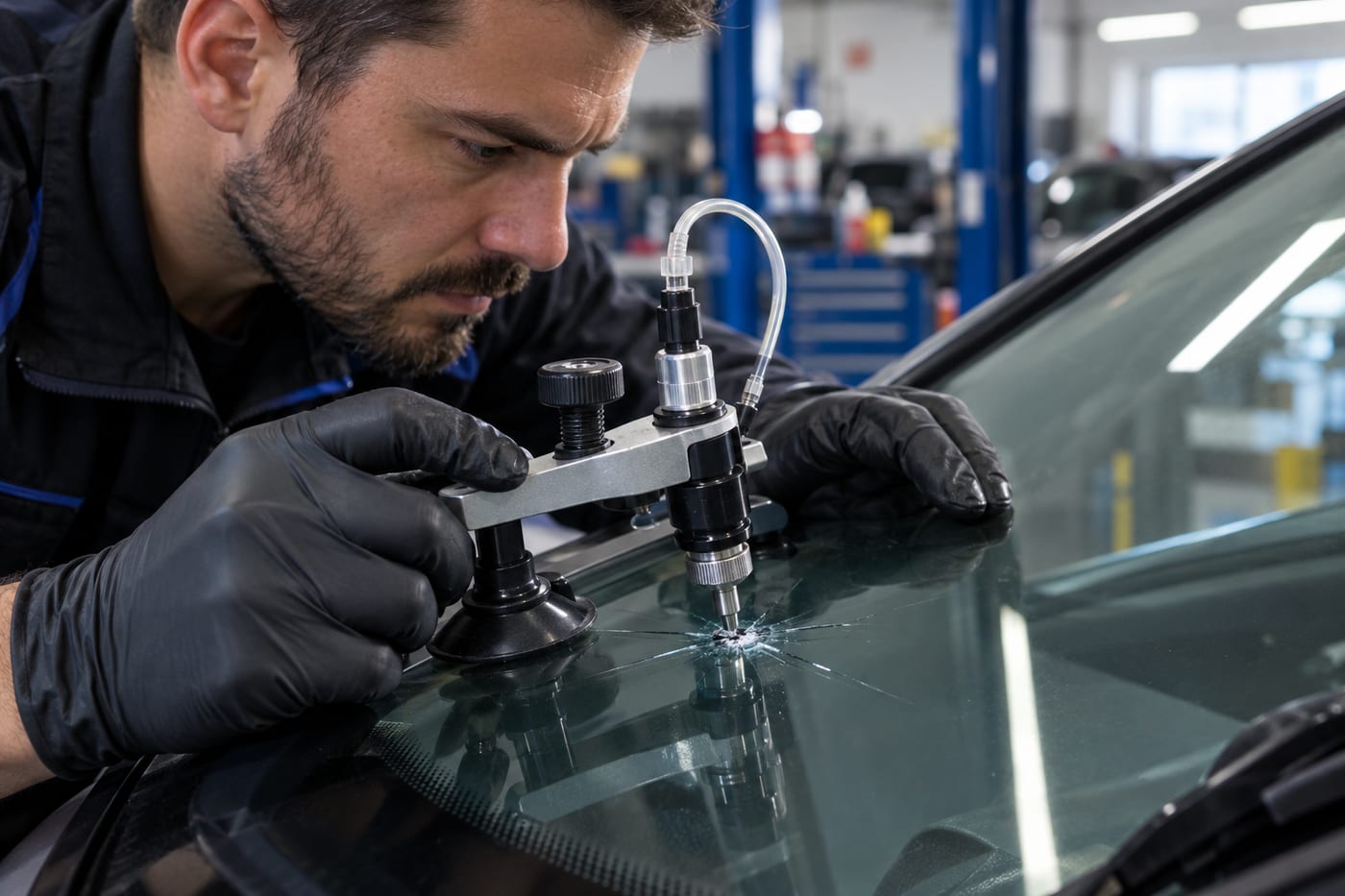 Detalle de un parabrisas dañado para explicar cuándo reparar o cambiar una luna del coche en Madrid con seguridad