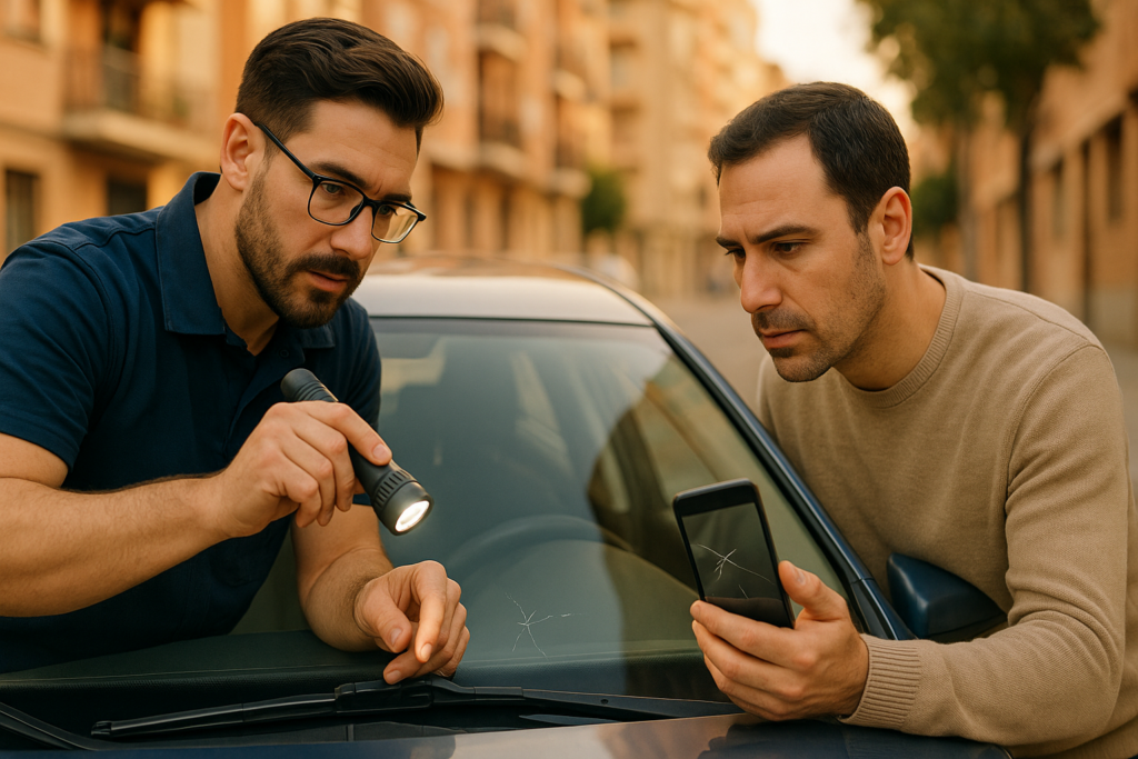 Técnico y conductor inspeccionan una grieta del parabrisas en Carabanchel; grietas luna coche evaluadas con linterna y fotos.