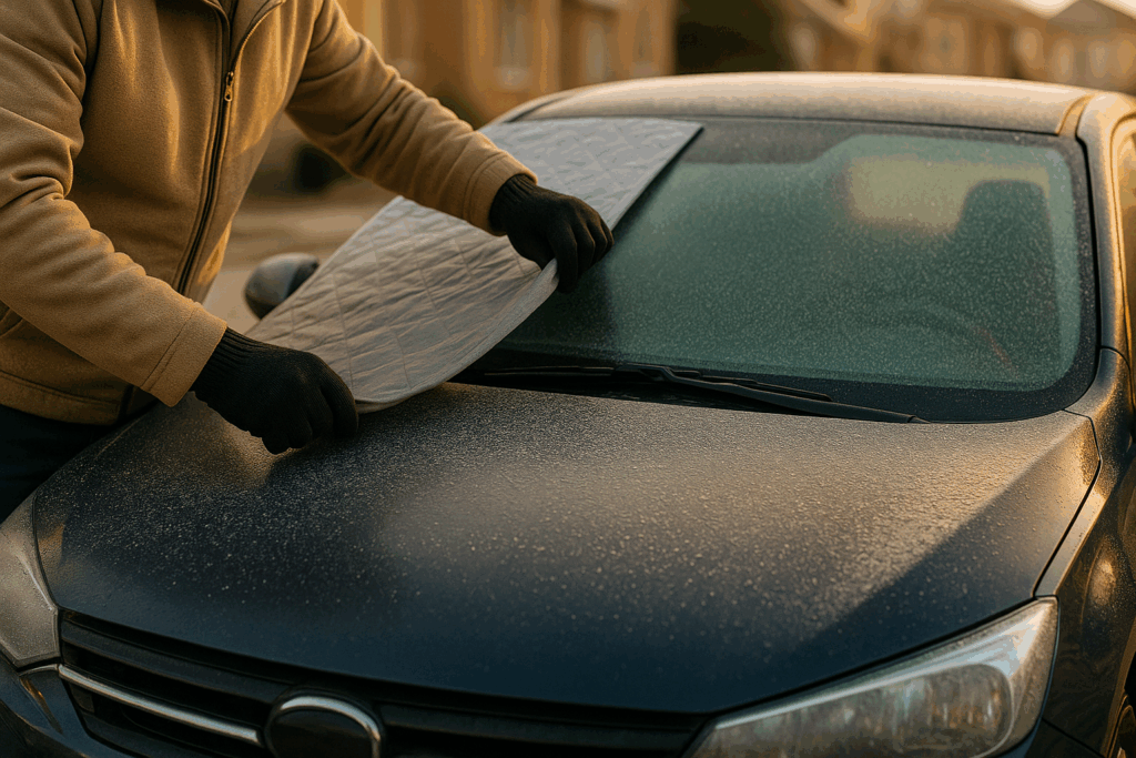 Conductor coloca funda cubreparabrisas al amanecer para proteger parabrisas hielo y sal en calle con escarcha y sal