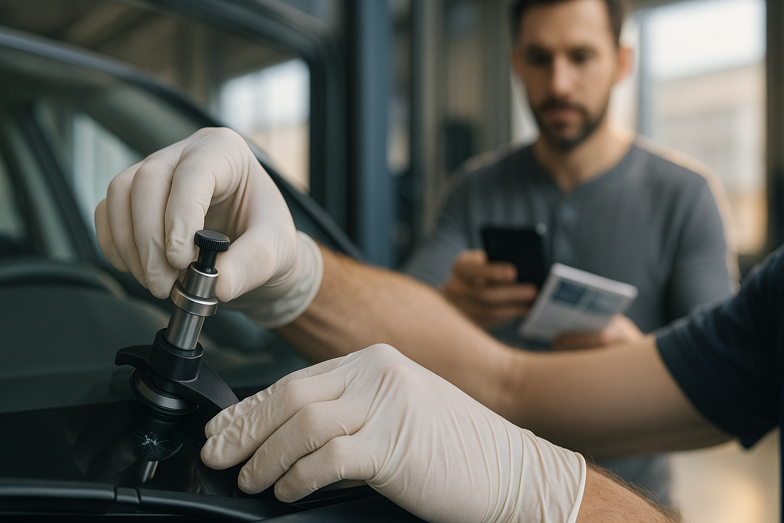 Tecnico aplica resina con inyector en parabrisas para reparar chip parabrisas; al fondo cliente con movil y documentacion.