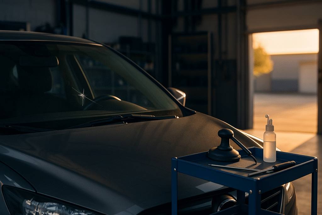 Parabrisas con pequeña grieta en taller ordenado, reparar luna coche con herramientas listas y luz cálida de atardecer.