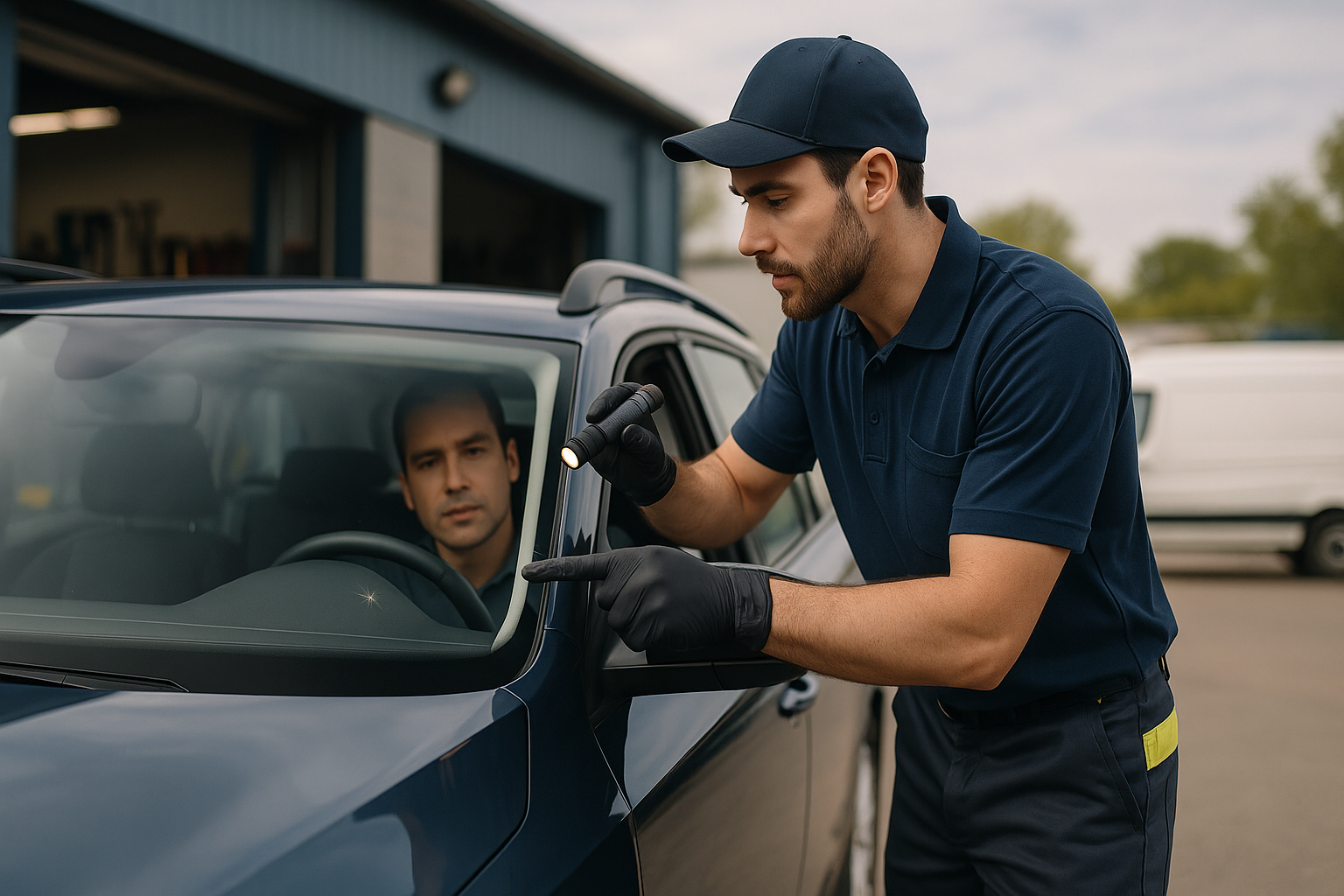 Técnico revisa el parabrisas con linterna: revisar lunas coche antes de Semana Santa en taller de Carabanchel